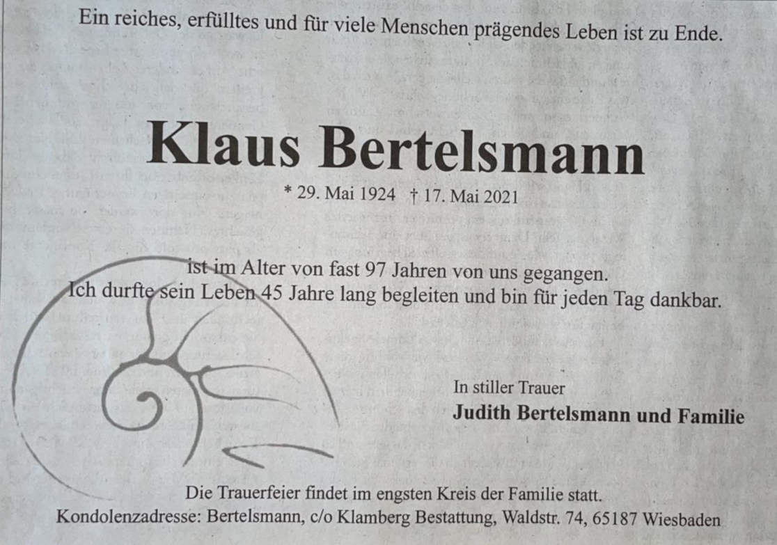 Klaus Bertelsmann - 29.05.1924 - 17.05.2021